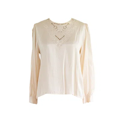 Sugar Cream Vintage Women's Neutrals Vintage Round Neck Cuff Sleeve Embroidered Silk Blouse In White