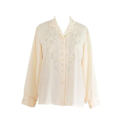 Sugar Cream Vintage Women's Neutrals Vintage Silk Creamy Collared Floral Blouse In Pink/white