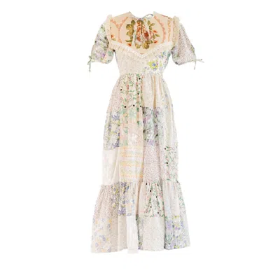 Sugar Cream Vintage Women's Re-design Upcycled Adjustable Neck Tie Floral Maxi Dress In White