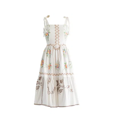 Sugar Cream Vintage Women's Re-design Upcycled African Daisy Embroidered Cotton Midi Dress In Multi