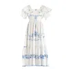 Sugar Cream Vintage Women's Re-design Upcycled Blue-cross Stitch Floral Maxi Dress In Blue