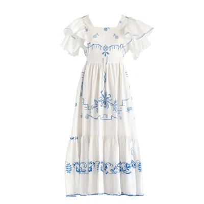 Sugar Cream Vintage Women's Re-design Upcycled Blue-cross Stitch Floral Maxi Dress