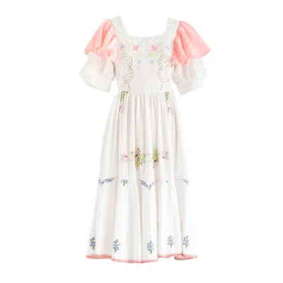 Sugar Cream Vintage Women's Re-design Upcycled Bohemian Floral Motifs Ruffle Sleeved Maxi Dress In Orange/white