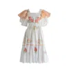 Sugar Cream Vintage Women's Re-design Upcycled Cotton Orange Ruffles Red Rose Midi Dress In Orange/red