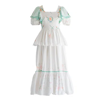 Sugar Cream Vintage Women's Re-design Upcycled Cross Stitch Green Ruffle White Maxi Dress In Green/white
