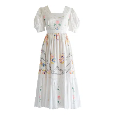 Sugar Cream Vintage Women's Re-design Upcycled Daisy Buttonhole Stitch Embroidery Maxi Dress In White