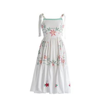 Sugar Cream Vintage Women's Re-design Upcycled Daisy Flare Tie Strap Midi Dress In White
