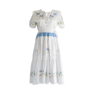Sugar Cream Vintage Women's Re-design Upcycled Duck Swan Embroidery White Maxi Dress