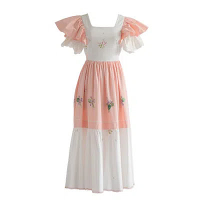 Sugar Cream Vintage Women's Re-design Upcycled Floral Flair Orange White Midi Dress In Orange/white