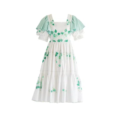 Sugar Cream Vintage Women's Re-design Upcycled Green Ruffled Cuff Sleeved Midi Dress