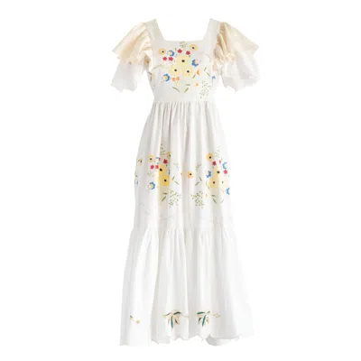 Sugar Cream Vintage Women's Re-design Upcycled Hand Embroidered Colorful Floral Motifs Maxi Dress In Multi