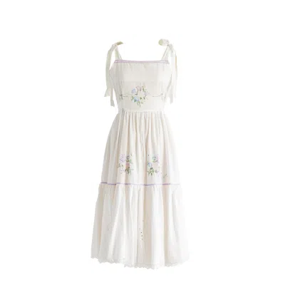 Sugar Cream Vintage Women's Re-design Upcycled Pastel Floral Bouquet Lace Midi Dress In White