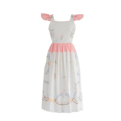 Sugar Cream Vintage Women's Re-design Upcycled Pink Rose Embroidery White Midi Dress In Pink/white