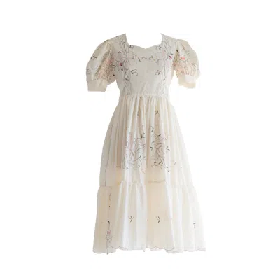 Sugar Cream Vintage Women's Re-design Upcycled Pink Rose Outline Embroidery White Maxi Dress In Pink/white