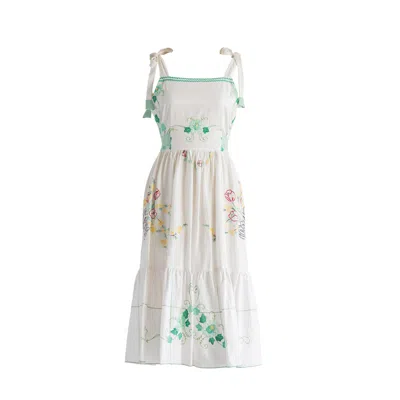 Sugar Cream Vintage Women's Re-design Upcycled Red Yellow Green Floral White Midi Dress In Green/red/white/yellow