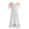 Sugar Cream Vintage Women's Re-design Upcycled Square Neck Peach Ruffles White Maxi Dress In Orange/white