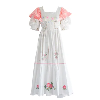 Sugar Cream Vintage Women's Re-design Upcycled Square Neck Peach Ruffles White Maxi Dress In Orange/white