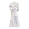 Sugar Cream Vintage Women's Re-design Upcycled V-neck Patch Pattern White Maxi Dress In White
