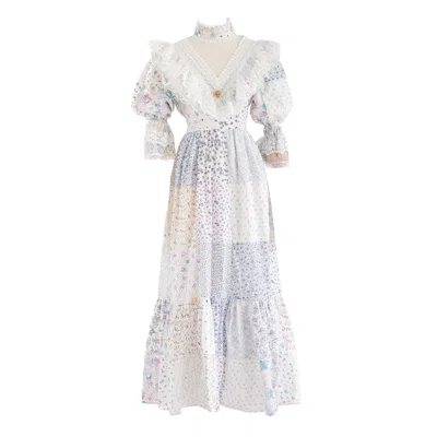 Sugar Cream Vintage Women's Re-design Upcycled V-neck Patch Pattern White Maxi Dress