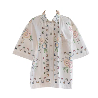 Sugar Cream Vintage Women's Re-top Upcycled Colourful Floral & Geometric Embroidery Shirt In White