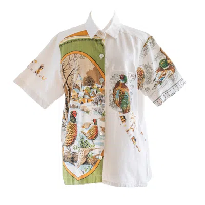 Sugar Cream Vintage Women's Re-top Upcycled Quail Print Farm Embroidered Shirt In White