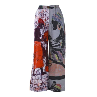 Sugar Cream Vintage Women's Re-trousers Upcycled Tribal Wax Print In Bold Colors In White