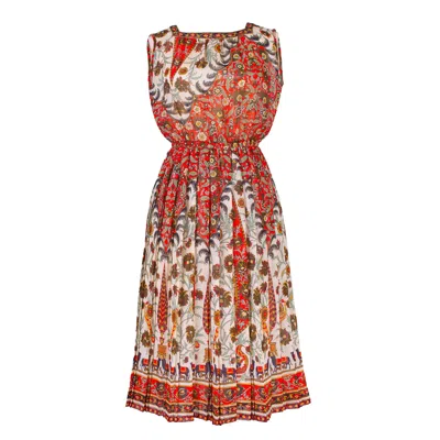 Sugar Cream Vintage Women's Red Orange Vintage Dress With Grey Floral Print