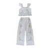 Sugar Cream Vintage Women's Upcycle Hand Embroidered Floral Crop Top With Ruffle Detail & Pants Set In White