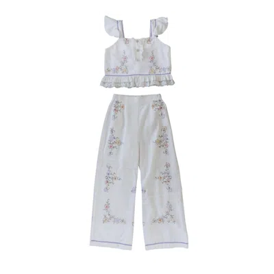 Sugar Cream Vintage Women's Upcycle Hand Embroidered Floral Crop Top With Ruffle Detail & Pants Set In White