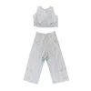 Sugar Cream Vintage Women's Upcycled Floral Back Open Crop Top & Wrapped Pants Set In White