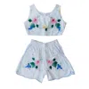 Sugar Cream Vintage Women's Upcycled Hand-embroidered Floral Crop Top & Shorts Set With Blue Border In Blue