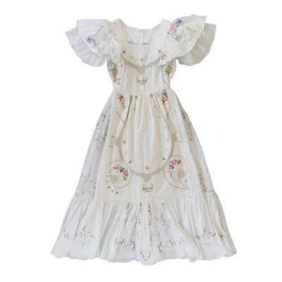 Sugar Cream Vintage Women's Upcycled Vintage Floral Cross-stitch Embroidered Maxi Dress With Crochet Detail In White