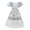 Sugar Cream Vintage Women's Upcycled Vintage Floral Embroidered Maxi Dress With Lace Detailed Sleeves In Blue/white