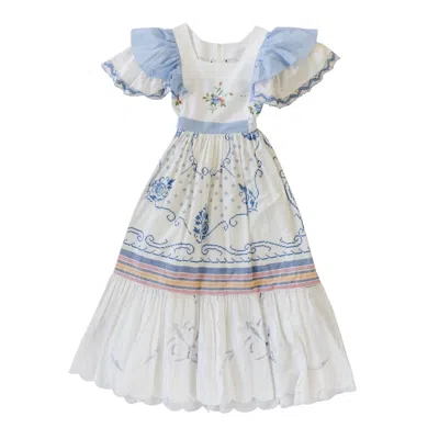 Sugar Cream Vintage Women's Upcycled Vintage Floral Embroidered Maxi Dress With Lace Detailed Sleeves In Blue/white