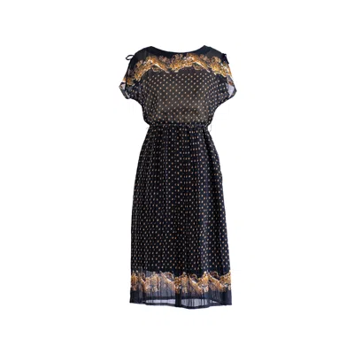 Sugar Cream Vintage Women's Vintage Black Yellow Polka Dot Pleated Midi Dress In Black/yellow