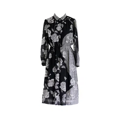 Sugar Cream Vintage Women's Vintage Chiffon Chinese Collared Floral Cuff Sleeved Midi Dress In Black/white