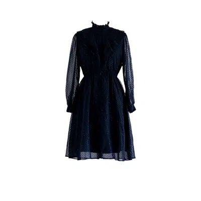 Sugar Cream Vintage Women's Vintage Chiffon Cuff Sleeved Navy Blue Midi Dress