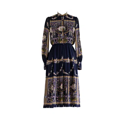 Sugar Cream Vintage Women's Vintage Chiffon Navy Blue Floral Victorian Print Midi Dress