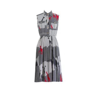 Sugar Cream Vintage Women's Vintage Chiffon Sleeveless Collared Black & White Midi Dress In Black/white