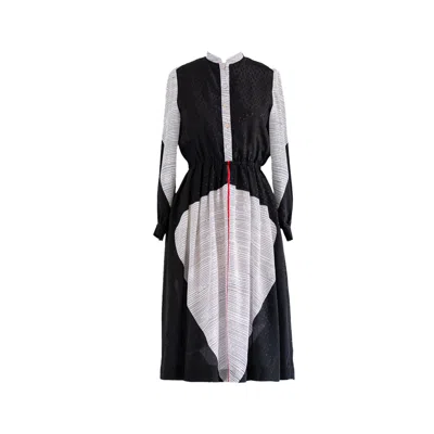 Sugar Cream Vintage Women's Vintage Chinese Collared Black & White Chiffon Midi Dress