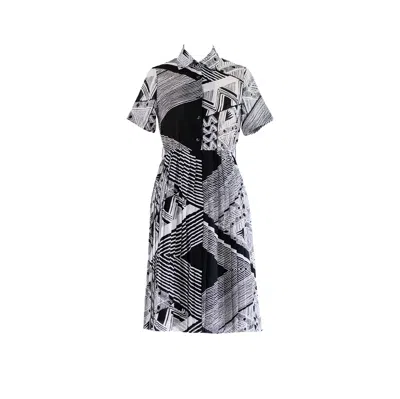 Sugar Cream Vintage Women's Vintage Collared Neck Black White Stripe Polyester Midi Dress In Black/white