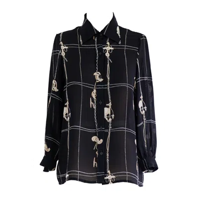 Sugar Cream Vintage Women's Vintage Collared White Nautical Print Full Cuff Sleeve Black Blouse