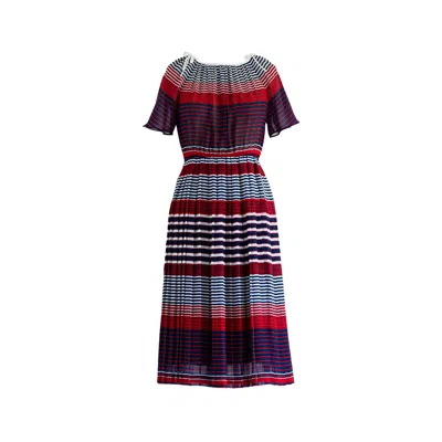 Sugar Cream Vintage Women's Vintage Colorful Stripe Print Chiffon Midi Dress In Blue/red/white