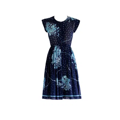 Sugar Cream Vintage Women's Vintage Cotton Black Over-all Floral Print Round Neck Midi Dress