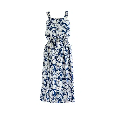Sugar Cream Vintage Women's Vintage Cotton Blue Dress White Floral Pleated Midi Dress