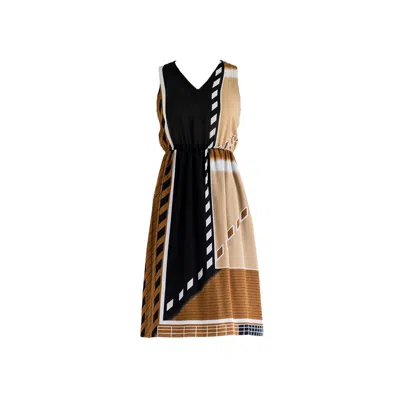 Sugar Cream Vintage Women's Vintage Polyester Black & Brown Sleeveless Midi Dress