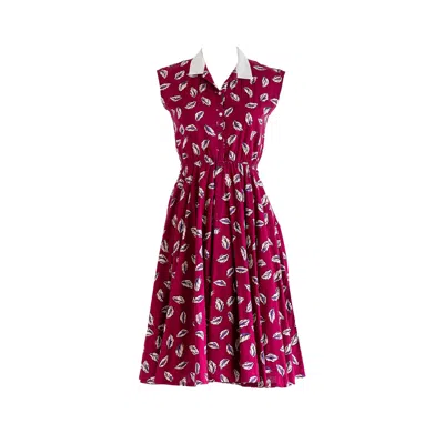 Sugar Cream Vintage Women's Vintage Red Leaf Print Cotton Short Sleeved Midi Dress