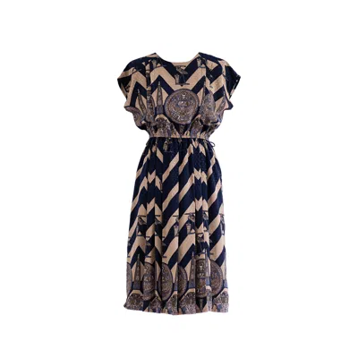 Sugar Cream Vintage Women's Vintage Serene Blue Beige Tone Zigzag Stripe Midi Dress In Beige/blue