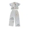 Sugar Cream Vintage Women's White Pink Rose Summer Crop Top & Pants Set With Patch Pocket In White
