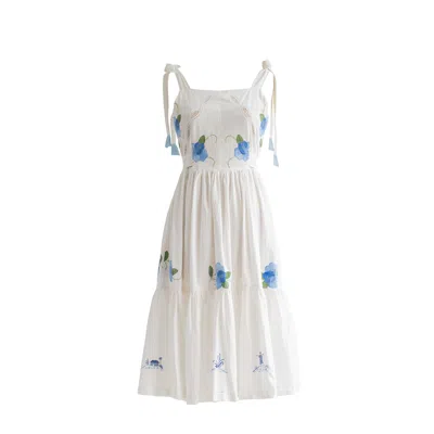 Sugar Cream Vintage Women's White Re-design Upcycled Blue Rose Embroidery Midi Dress